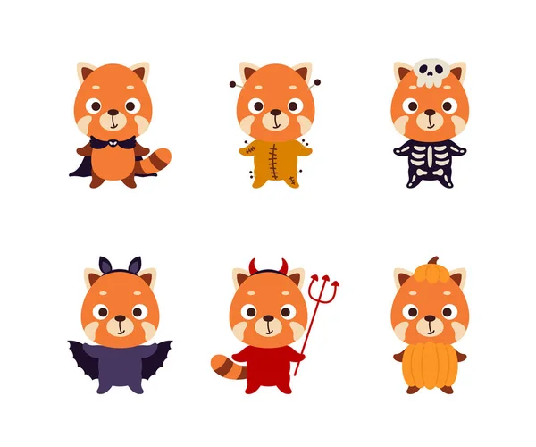 Cute Halloween Red Panda Set Cartoon Animal Character Collection Kids — Vettoriale Stock