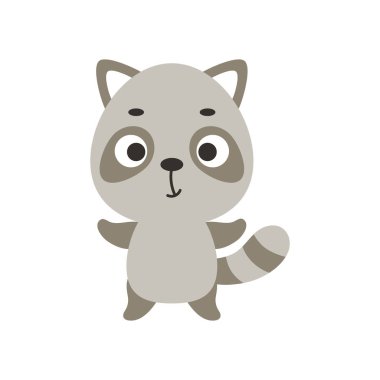 Sevimli küçük rakun. Çocuk tişörtleri için çizgi film karakteri tasarımı, çocuk odası dekorasyonu, bebek partisi kutlaması, tebrik kartları, davetiyeler, kitap ayracı, ev dekorasyonu. Vektör stok illüstrasyonu