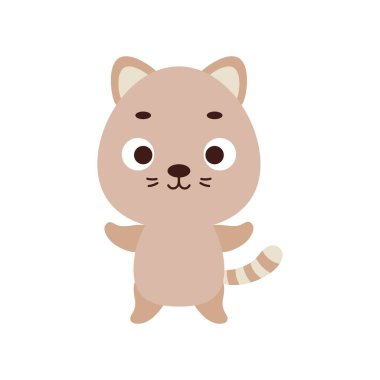 Şirin küçük kedi. Çocuk tişörtleri için çizgi film karakteri tasarımı, çocuk odası dekorasyonu, bebek partisi kutlaması, tebrik kartları, davetiyeler, kitap ayracı, ev dekorasyonu. Vektör stok illüstrasyonu