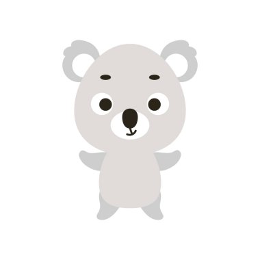 Şirin küçük koala. Çocuk tişörtleri için çizgi film karakteri tasarımı, çocuk odası dekorasyonu, bebek partisi kutlaması, tebrik kartları, davetiyeler, kitap ayracı, ev dekorasyonu. Vektör stok illüstrasyonu