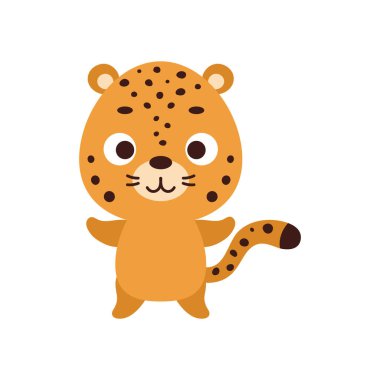 Şirin küçük jaguar. Çocuk tişörtleri için çizgi film karakteri tasarımı, çocuk odası dekorasyonu, bebek partisi kutlaması, tebrik kartları, davetiyeler, kitap ayracı, ev dekorasyonu. Vektör stok illüstrasyonu