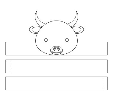 Yazdırılabilir boğa kağıdı kaplama. Doğum günü, noel, bebek partisi için kurdele şablonu. Eğlence için eğlenceli bir aksesuar. Yazdır, boya, kes ve yapıştır. Vektör stok illüstrasyonu.