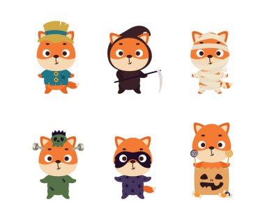 Cute Halloween fox set. Cartoon animal character collection for kids t-shirts, nursery decoration, baby shower, greeting card, invitation. Vector stock illustration