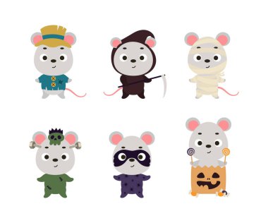 Cute Halloween mouse set. Cartoon animal character collection for kids t-shirts, nursery decoration, baby shower, greeting card, invitation. Vector stock illustration