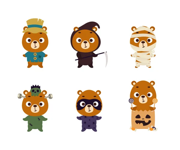 Cute Halloween Bear Set Cartoon Animal Character Collection Kids Shirts — Vector de stock