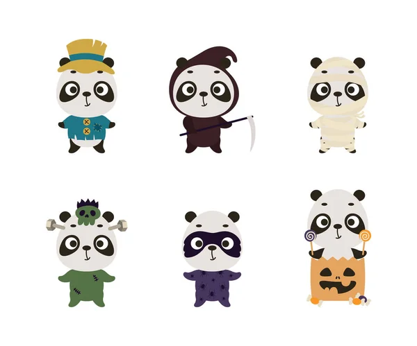 Cute Halloween Panda Set Cartoon Animal Character Collection Kids Shirts — Wektor stockowy