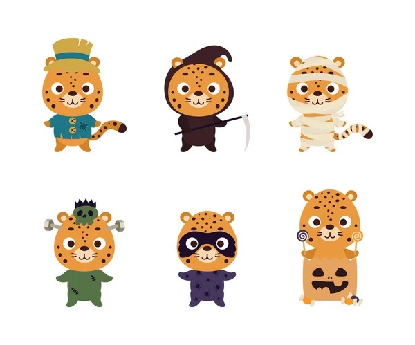 Cute Halloween Cheetah Set Cartoon Animal Character Collection Kids Shirts — Stock Vector