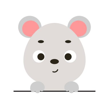 Beyaz arka planda şirin bir fare kafası. Çocuk tişörtleri için çizgi film karakteri, bebek dekorasyonu, bebek partisi, tebrik kartı, davetiye, ev içi. Vektör stok illüstrasyonu