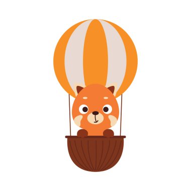 Küçük şirin kırmızı panda sıcak hava balonuyla uçuyor. Çocuk tişörtleri için çizgi film karakteri, bebek dekorasyonu, bebek partisi, tebrik kartı, davetiye, ev içi. Vektör stok illüstrasyonu