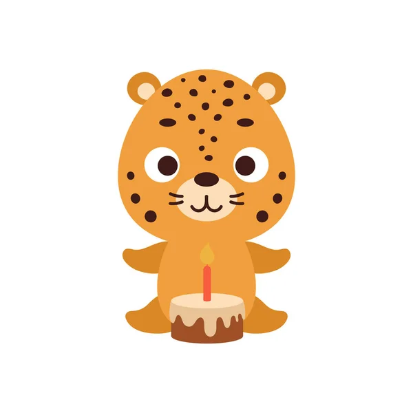 Mignon Petit Jaguar Avec Gâteau Anniversaire Sur Fond Blanc Cartoon — Image vectorielle