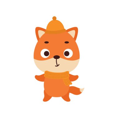 Şapka ve fular içinde şirin bir tilki. Çocuk tişörtleri için çizgi film karakteri, bebek dekorasyonu, bebek partisi, tebrik kartı, davetiye, ev içi. Vektör stok illüstrasyonu