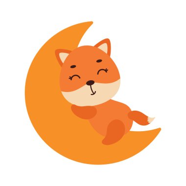 Cute little fox sleeping on moon. Cartoon animal character for kids t-shirt, nursery decoration, baby shower, greeting cards, invitations, house interior. Vector stock illustration