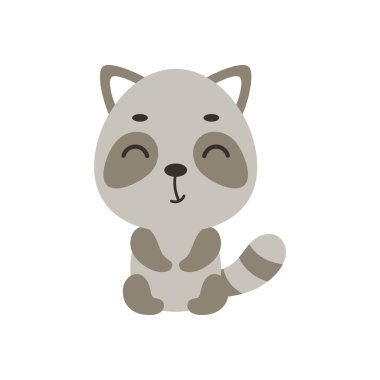 Beyaz arka planda oturan sevimli bir rakun. Çocuk tişörtü, bebek odası dekorasyonu, bebek partisi, tebrik kartı, evin içi. Vektör stok illüstrasyonu