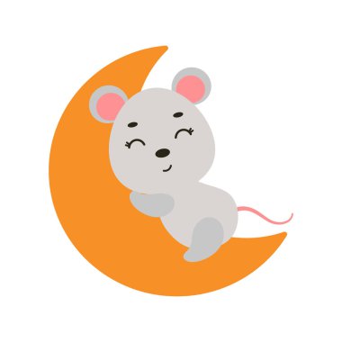 Cute little mouse sleeping on moon. Cartoon animal character for kids t-shirt, nursery decoration, baby shower, greeting cards, invitations, house interior. Vector stock illustration