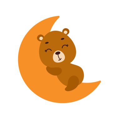 Cute little bear sleeping on moon. Cartoon animal character for kids t-shirt, nursery decoration, baby shower, greeting cards, invitations, house interior. Vector stock illustration