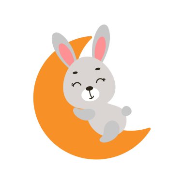 Cute little bunny sleeping on moon. Cartoon animal character for kids t-shirt, nursery decoration, baby shower, greeting cards, invitations, house interior. Vector stock illustration