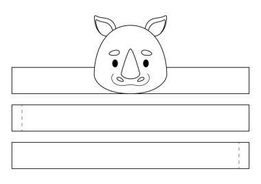 Yazdırılabilir gergedan kağıt kaplama. Doğum günü, noel, bebek partisi için kurdele şablonu. Eğlence için eğlenceli bir aksesuar. Yazdır, boya, kes ve yapıştır. Vektör stok illüstrasyonu