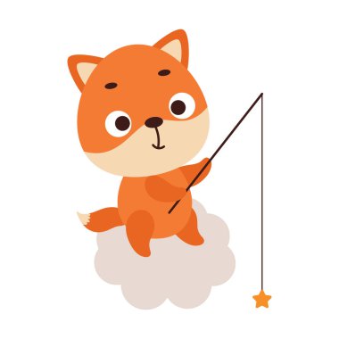 Bulutların üzerinde küçük şirin tilki avcıları. Çocuk tişörtü, bebek odası dekorasyonu, bebek partisi, tebrik kartları, davetiyeler, ev dekorasyonu. Vektör stok illüstrasyonu