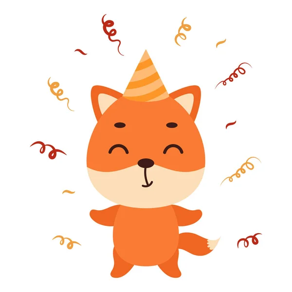 Mignon Petit Renard Chapeau Anniversaire Sur Fond Blanc Dessin Animé — Image vectorielle