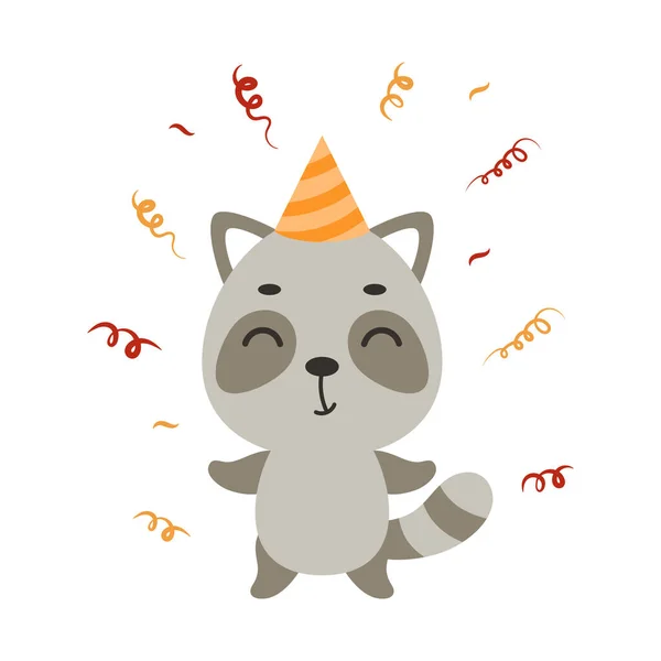 Mignon Petit Raton Laveur Chapeau Anniversaire Sur Fond Blanc Dessin — Image vectorielle