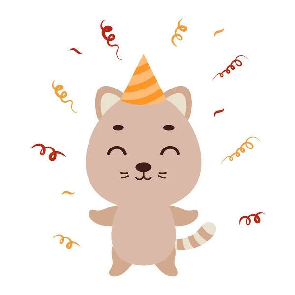 Mignon Petit Chat Chapeau Anniversaire Sur Fond Blanc Dessin Animé — Image vectorielle