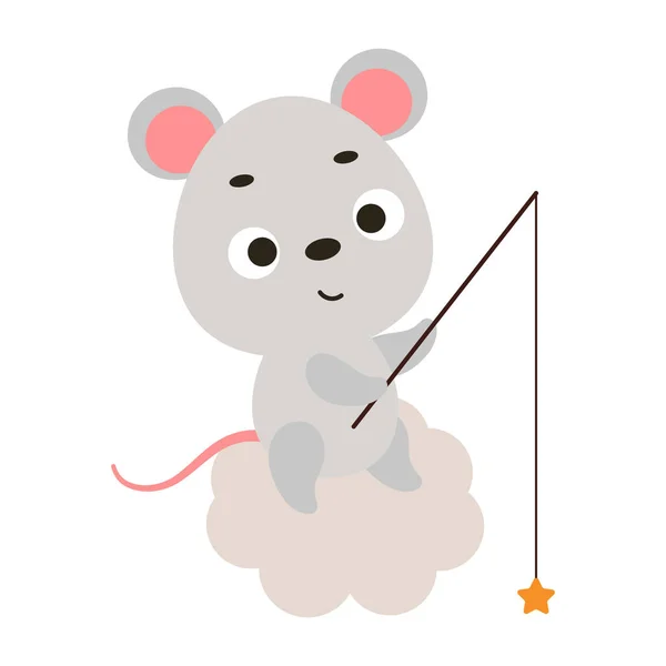 Niedliche Kleine Maus Angelt Stern Auf Wolke Animal Cartoon Charakter — Stockvektor