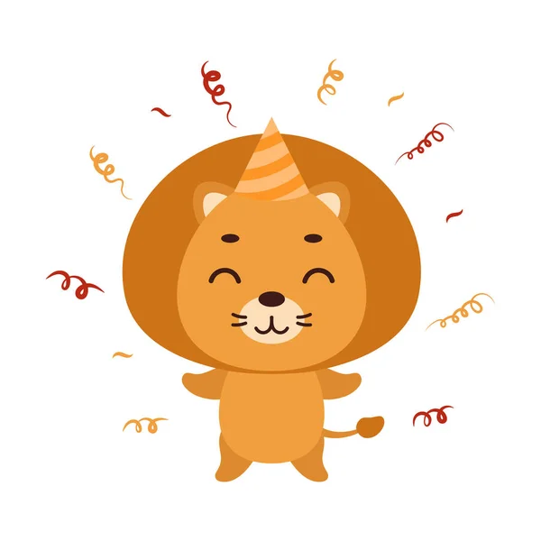 Mignon Petit Lion Chapeau Anniversaire Sur Fond Blanc Dessin Animé — Image vectorielle