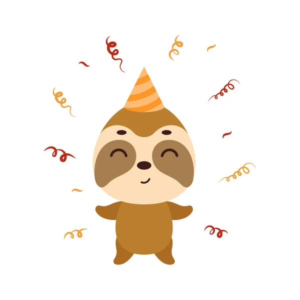 Lindo Perezoso Sombrero Cumpleaños Sobre Fondo Blanco Personaje Animal Dibujos — Vector de stock