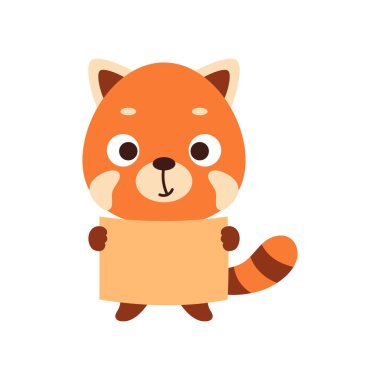 Beyaz arka planda kağıt çarşaf tutan şirin kırmızı panda. Çocuk tişörtü, bebek odası dekorasyonu, bebek partisi, tebrik kartı, evin içi. Vektör stok illüstrasyonu