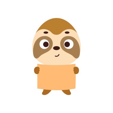 Beyaz arka planda kağıt çarşaf tutan şirin bir tembel hayvan. Çocuk tişörtü, bebek odası dekorasyonu, bebek partisi, tebrik kartı, evin içi. Vektör stok illüstrasyonu