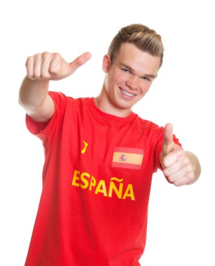 Her iki başparmak gösterilen sarı saçları ile İspanyol futbol fan