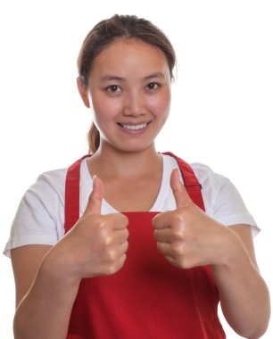 Friendly chinese waitress showing both thumbs up clipart