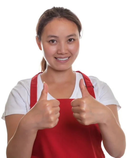 Friendly chinese waitress showing both thumbs up — Stock Photo, Image