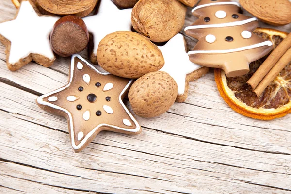 Christmas decoration on the half of old wood — Stock Photo, Image