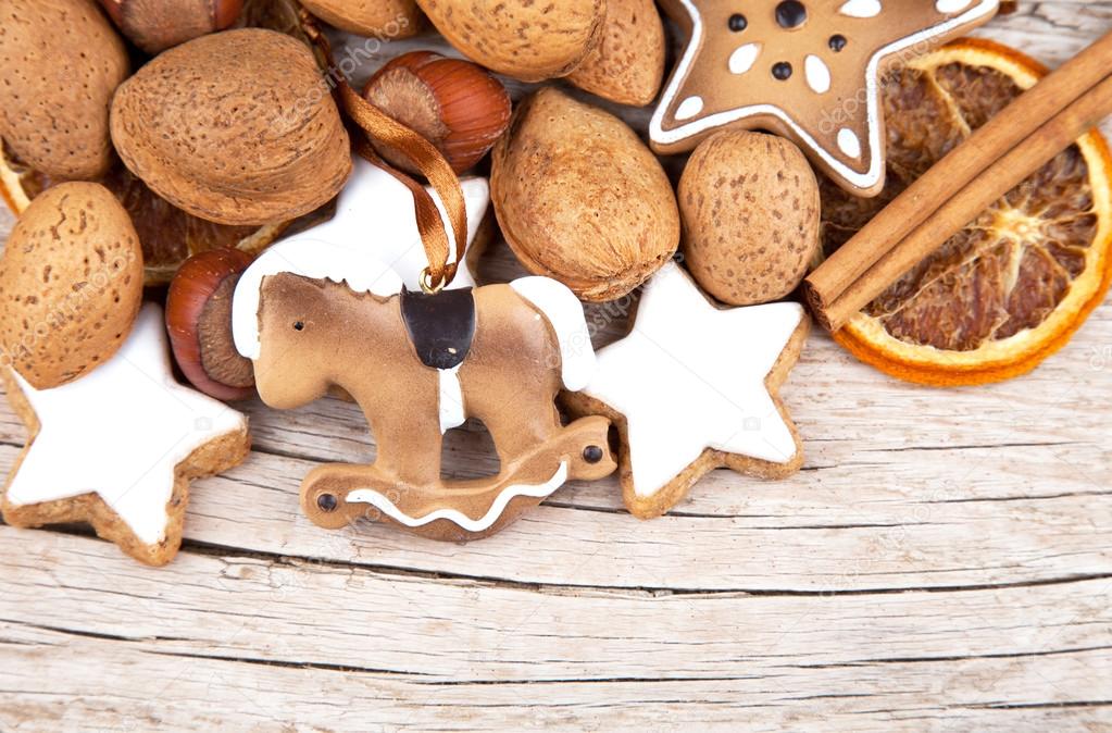 Christmas decoration with stars and rocking horse on wood