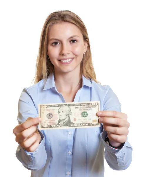 Laughing woman showing dollar note — Stock Photo, Image