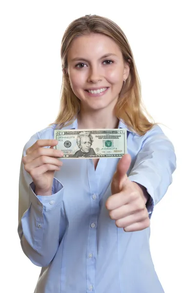 Skrattande kvinna med dollar notera visar tummen — Stockfoto