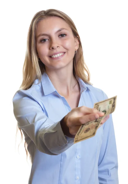 Laughing woman with long blond hair giving dollar note — Stock Photo, Image