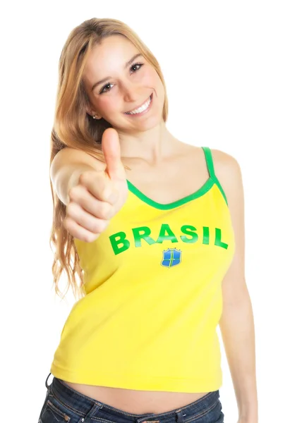 Ventilador esportivo brasileiro mostrando polegar para cima — Fotografia de Stock