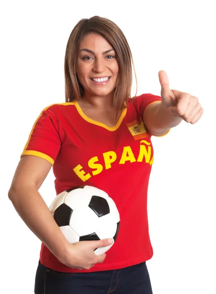 Spanish girl with football showing thumb up — ストック写真