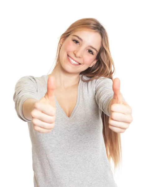 Attractive woman showing both thumbs up — Stock Photo, Image