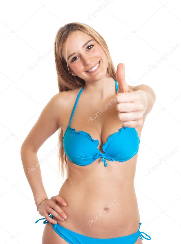 Sexy woman in bikini showing thumb up Stock Photo by ©kadettmann