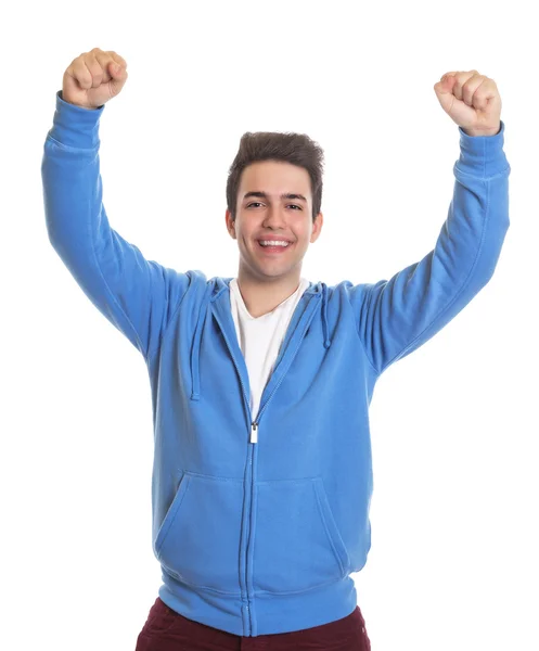 Feliz hispânico cara em uma camisa azul — Fotografia de Stock