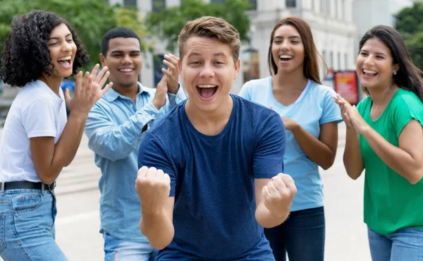 Multi Ethnic Group Give Applause Successful Caucasian Young Adult Outdoor — Stock Photo, Image