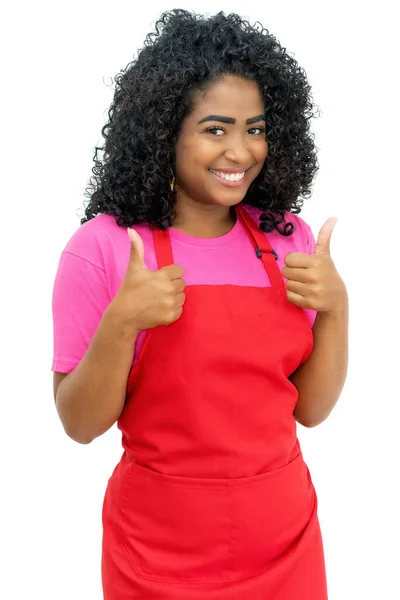 Camarera Brasileña Riéndose Con Delantal Rojo Mostrando Pulgares Arriba Aislados —  Fotos de Stock
