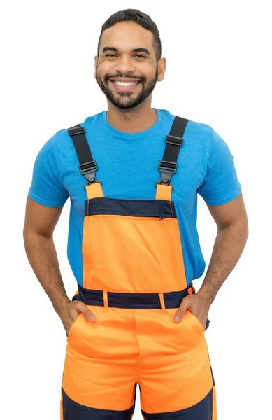 Trabajador Construcción Hispano Riéndose Con Equipo Protector Naranja Aislado Sobre —  Fotos de Stock