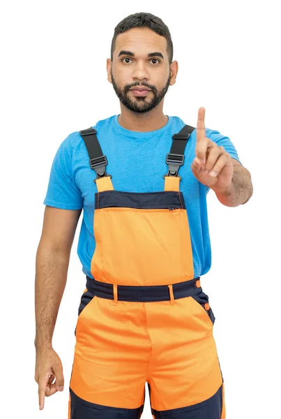 Werknemer Met Oranje Beschermende Kleding Gebaren Stop Geïsoleerd Witte Achtergrond — Stockfoto