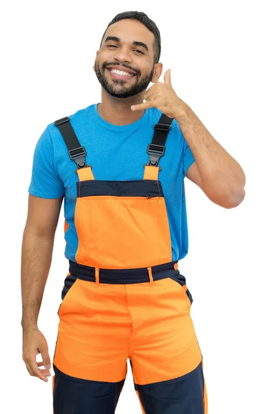 Llame Trabajador Construcción Hispano Con Equipo Protección Naranja Aislado Sobre — Foto de Stock