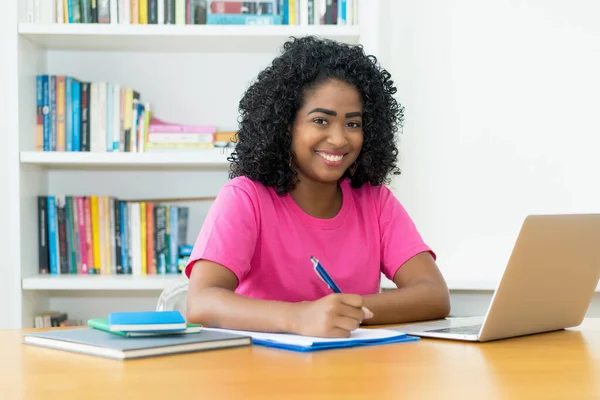 Laughing Brazilian Female Student Learning Desk Indoors Home — Stock Photo, Image