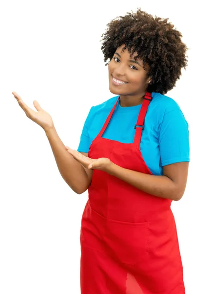 Friendly African American Clerk Waitress Inviting Guests Isolated White Background — Foto de Stock